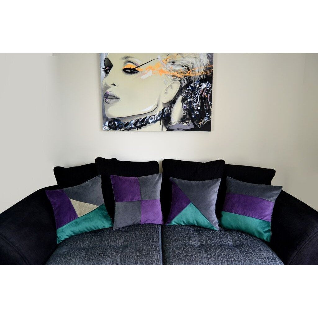 McAlister Textiles Triangle Patchwork Velvet Purple, Green + Grey Cushion Cushions and Covers 