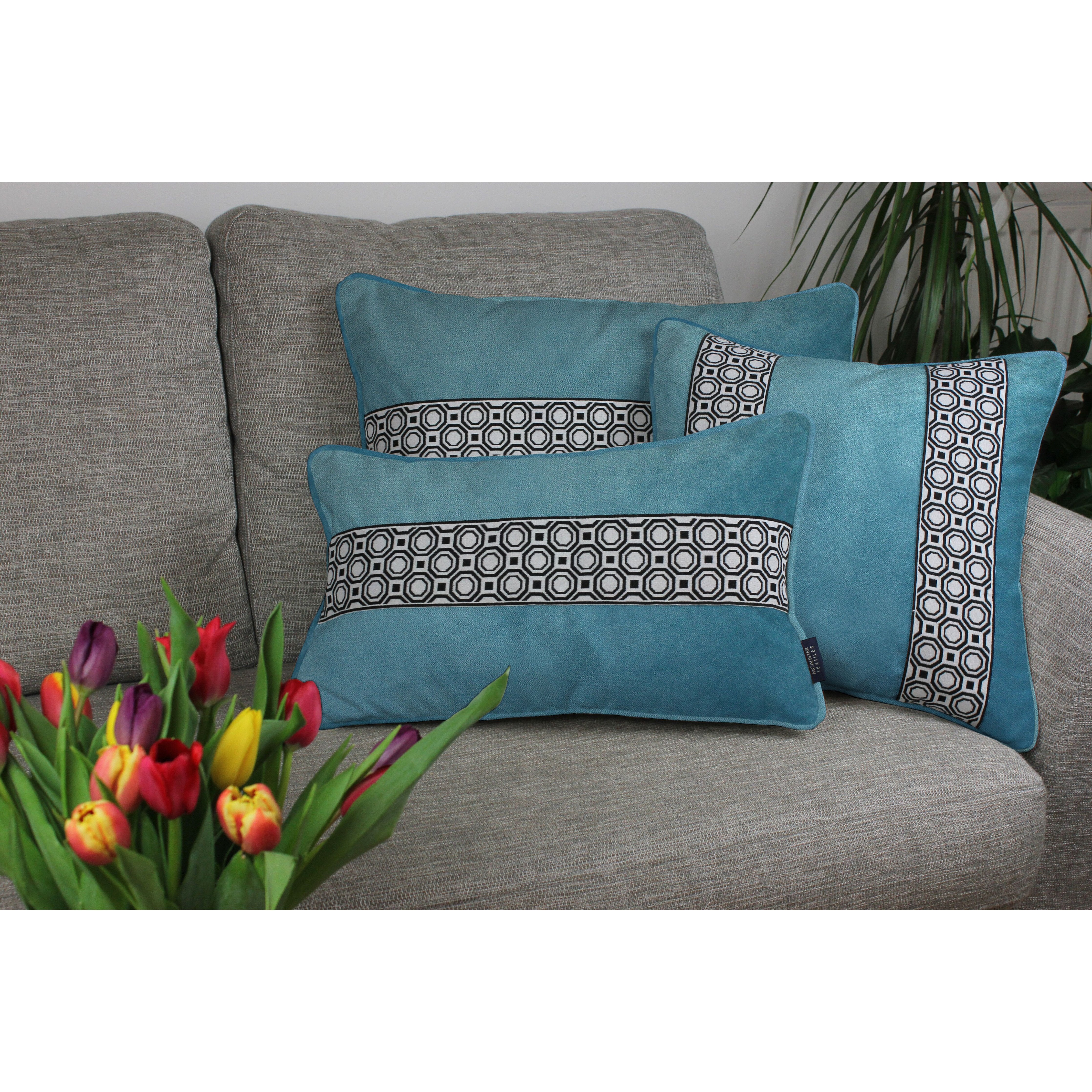 McAlister Textiles Cancun Striped Duck Egg Blue Velvet Cushion Cushions and Covers 