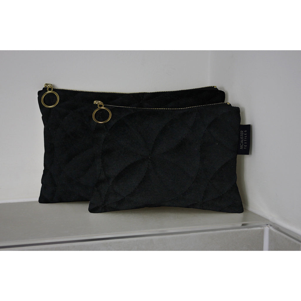 McAlister Textiles Circular Pattern Black Velvet Makeup Bag Set Clutch Bag 