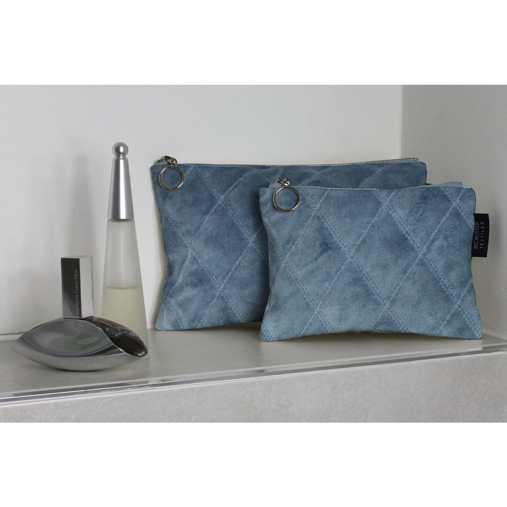 McAlister Textiles Diamond Pattern Blue Velvet Makeup Bag Set Clutch Bag 