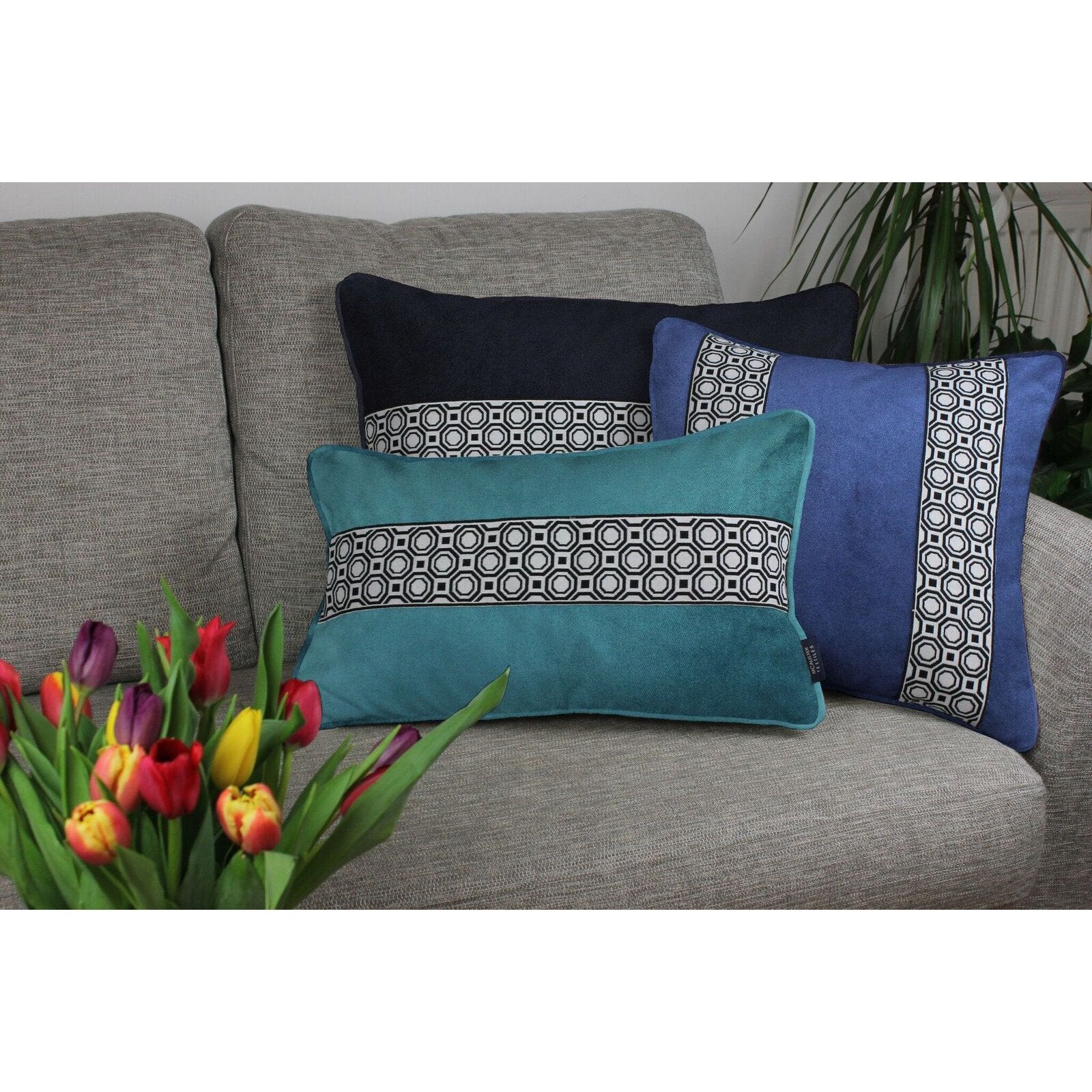 McAlister Textiles Cancun Striped Blue Teal Velvet Cushion Cushions and Covers 