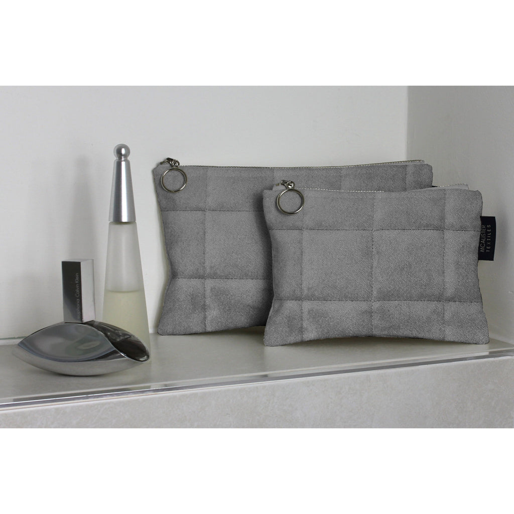 McAlister Textiles Square Pattern Silver Velvet Makeup Bag Set Clutch Bag 