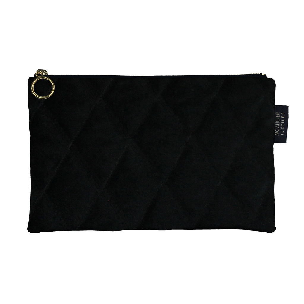 McAlister Textiles Diamond Pattern Black Velvet Makeup Bag - Large Clutch Bag 