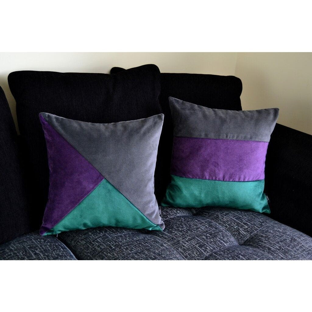 McAlister Textiles Straight Patchwork Velvet Green, Purple + Grey Cushion Cushions and Covers 