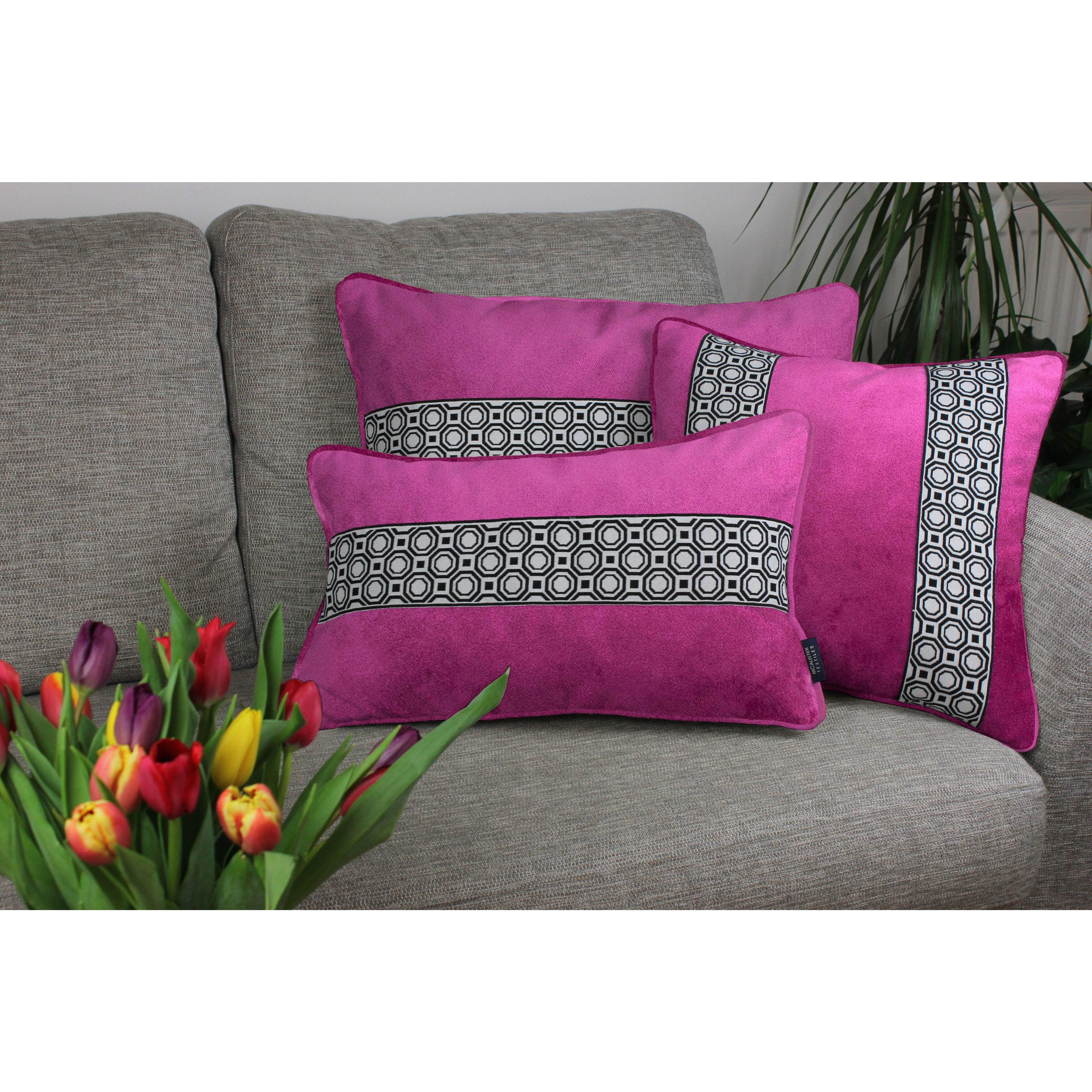 McAlister Textiles Cancun Striped Fuchsia Pink Velvet Cushion Cushions and Covers 