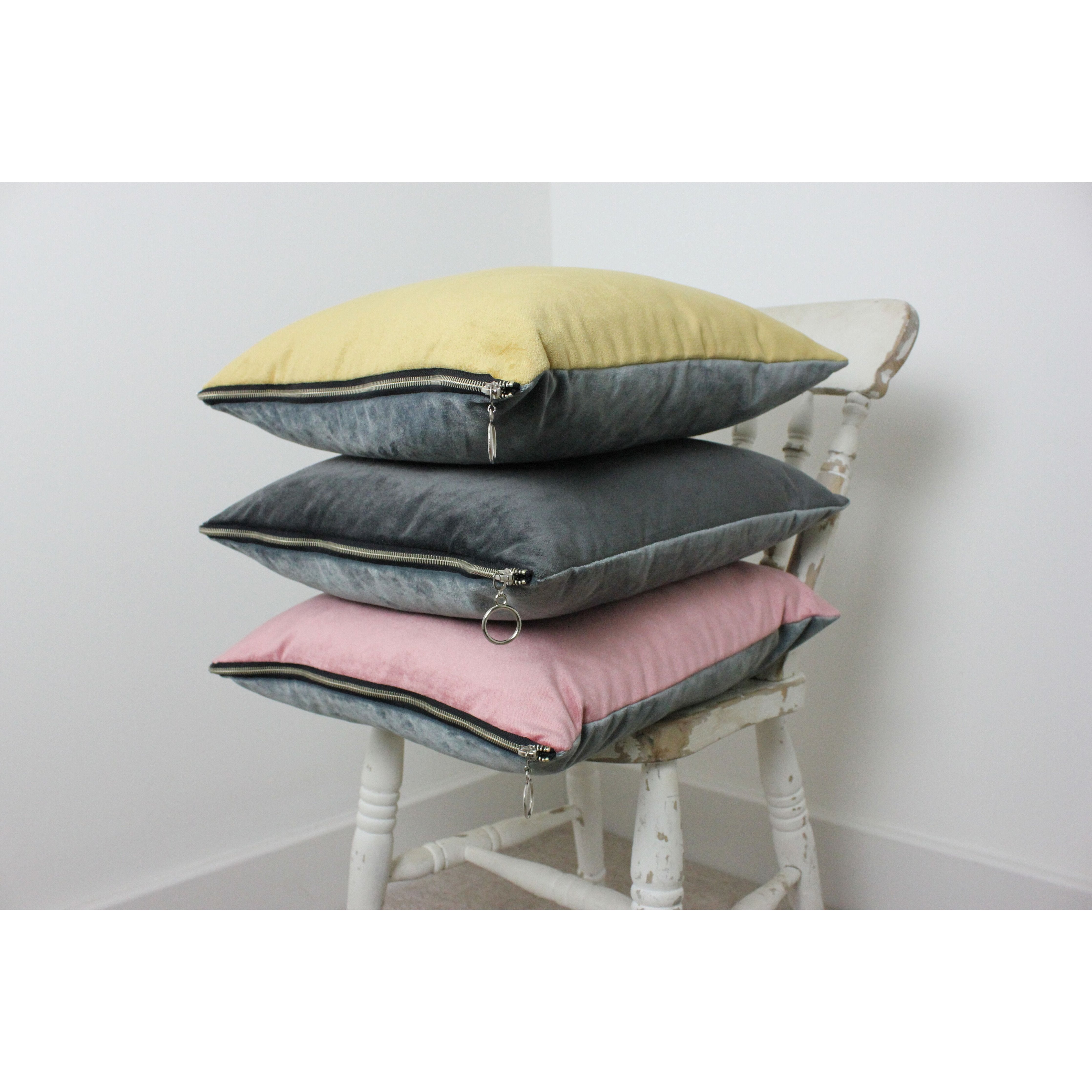 McAlister Textiles Decorative Zipper Edge Yellow + Grey Velvet Cushion Cushions and Covers Cover Only 43cm x 43cm 
