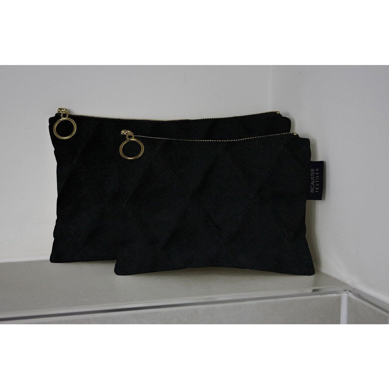 McAlister Textiles Diamond Pattern Black Velvet Makeup Bag Set Clutch Bag 
