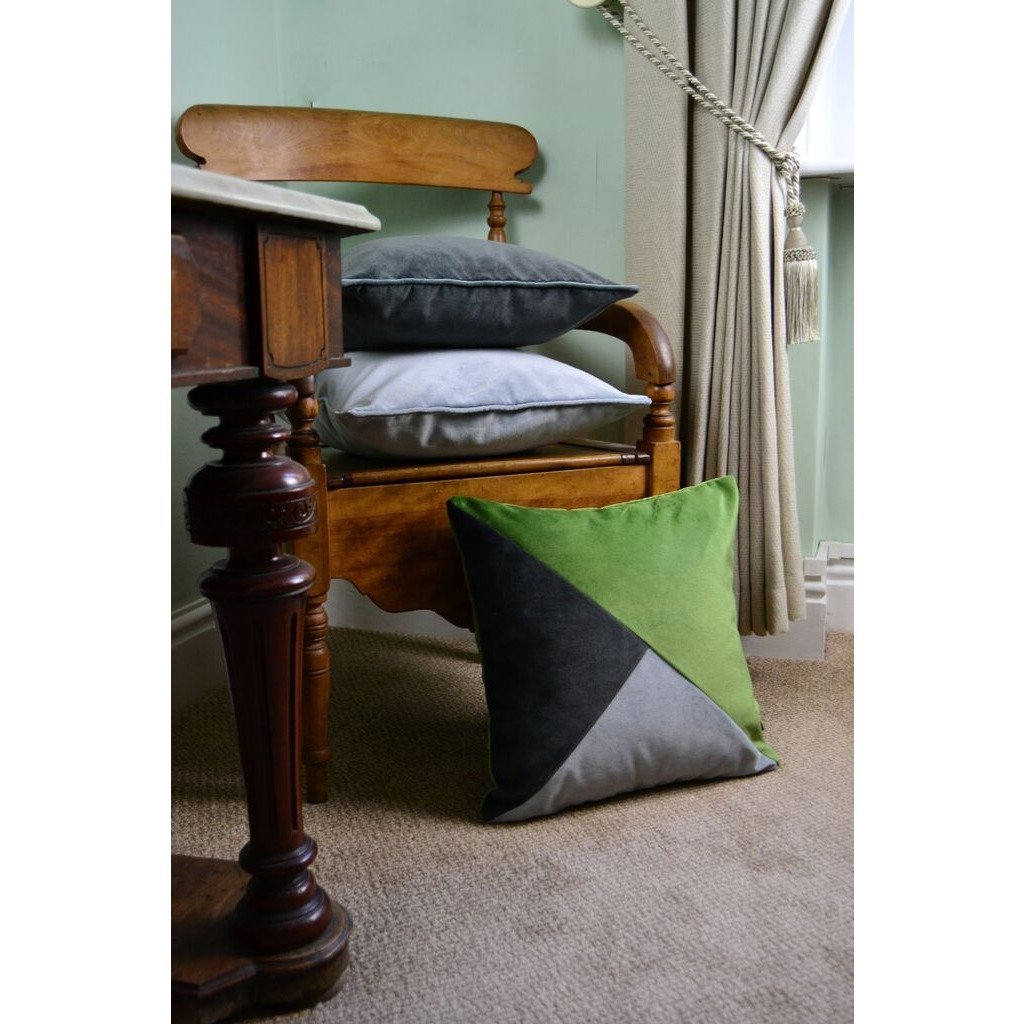 McAlister Textiles Diagonal Patchwork Velvet Green, Silver + Grey Cushion Cushions and Covers 