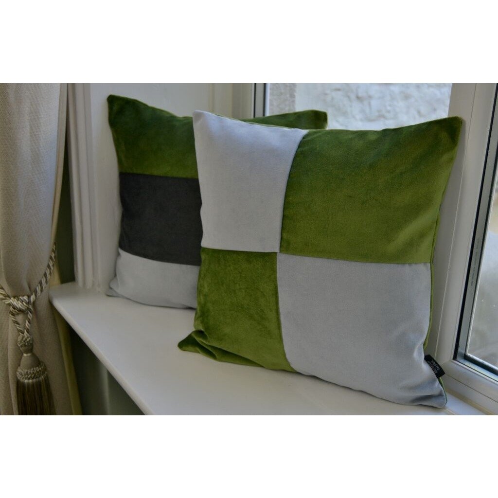 McAlister Textiles Square Patchwork Velvet Green + Silver Cushion Cushions and Covers 