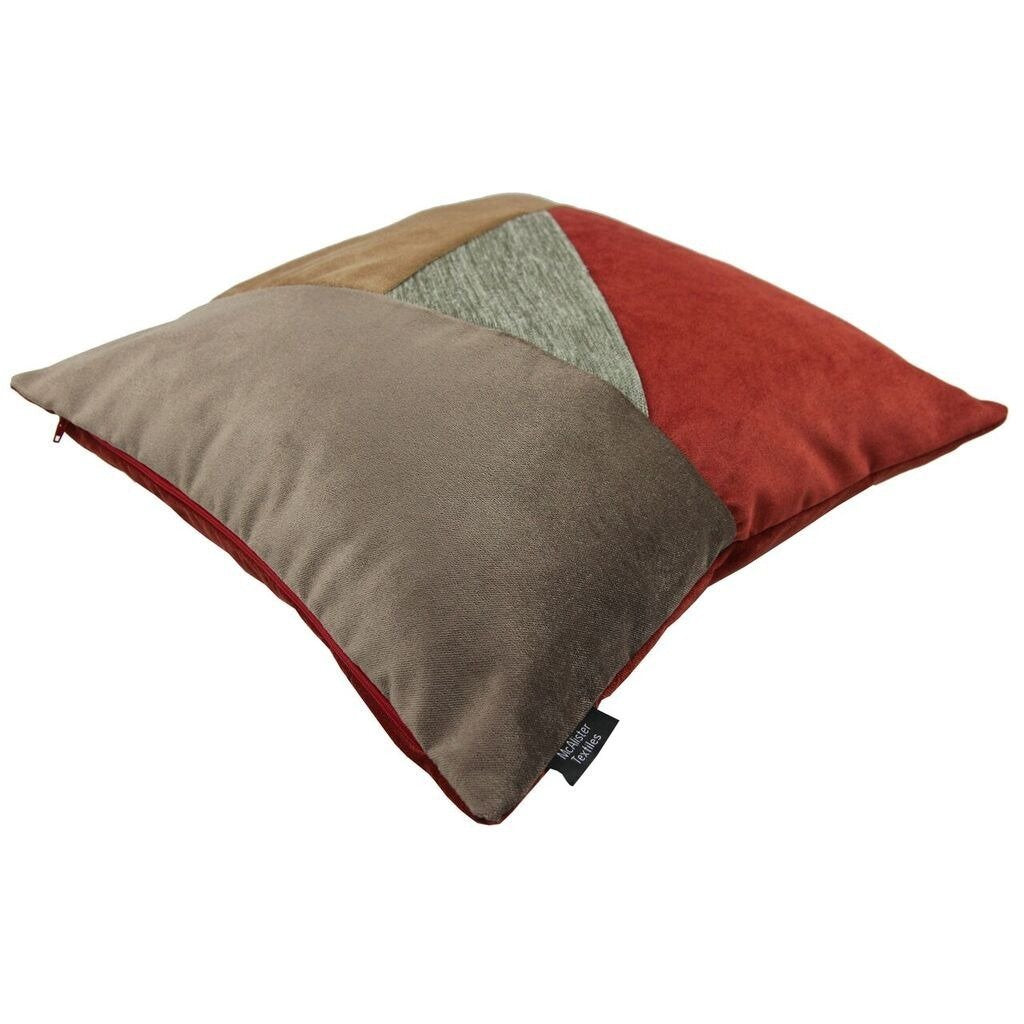 McAlister Textiles Triangle Patchwork Velvet Brown, Gold + Red Cushion Cushions and Covers 