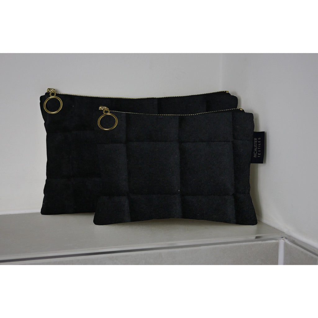 McAlister Textiles Square Pattern Black Velvet Makeup Bag Set Clutch Bag 
