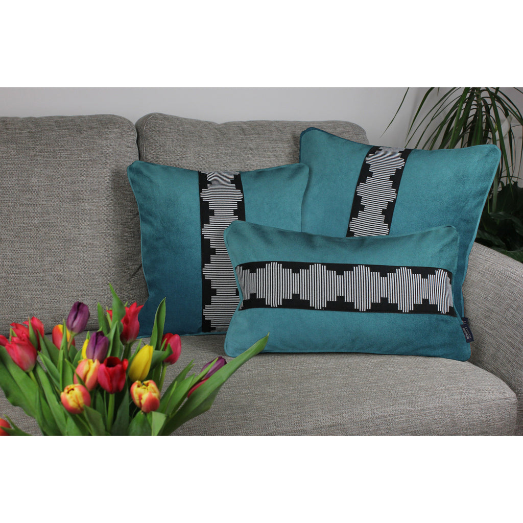 McAlister Textiles Maya Striped Blue Teal Velvet Cushion Cushions and Covers 