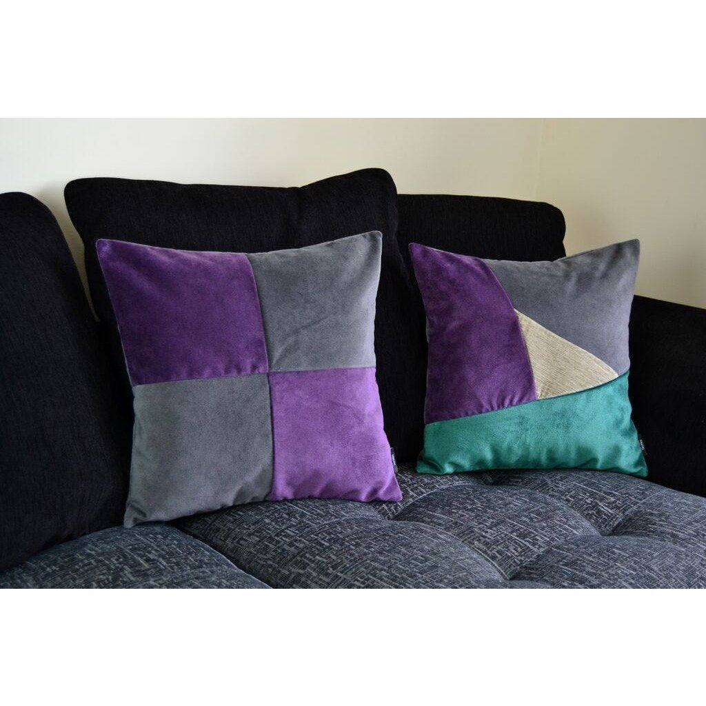 McAlister Textiles Square Patchwork Velvet Purple + Grey Cushion Cushions and Covers 