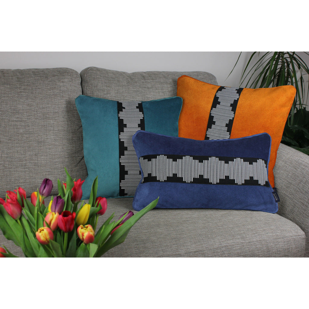 McAlister Textiles Maya Striped Blue Teal Velvet Cushion Cushions and Covers 