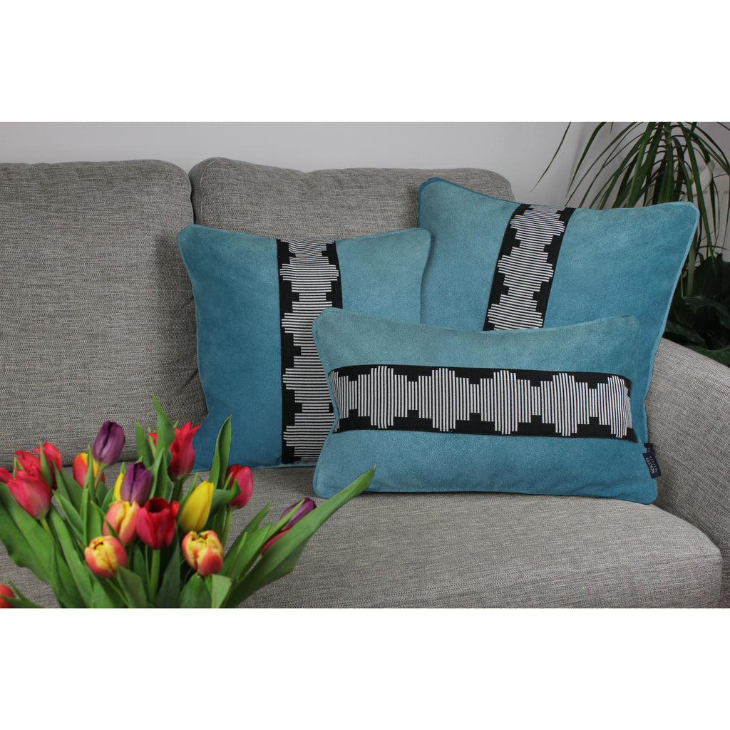 McAlister Textiles Maya Striped Duck Egg Blue Velvet Cushion Cushions and Covers 
