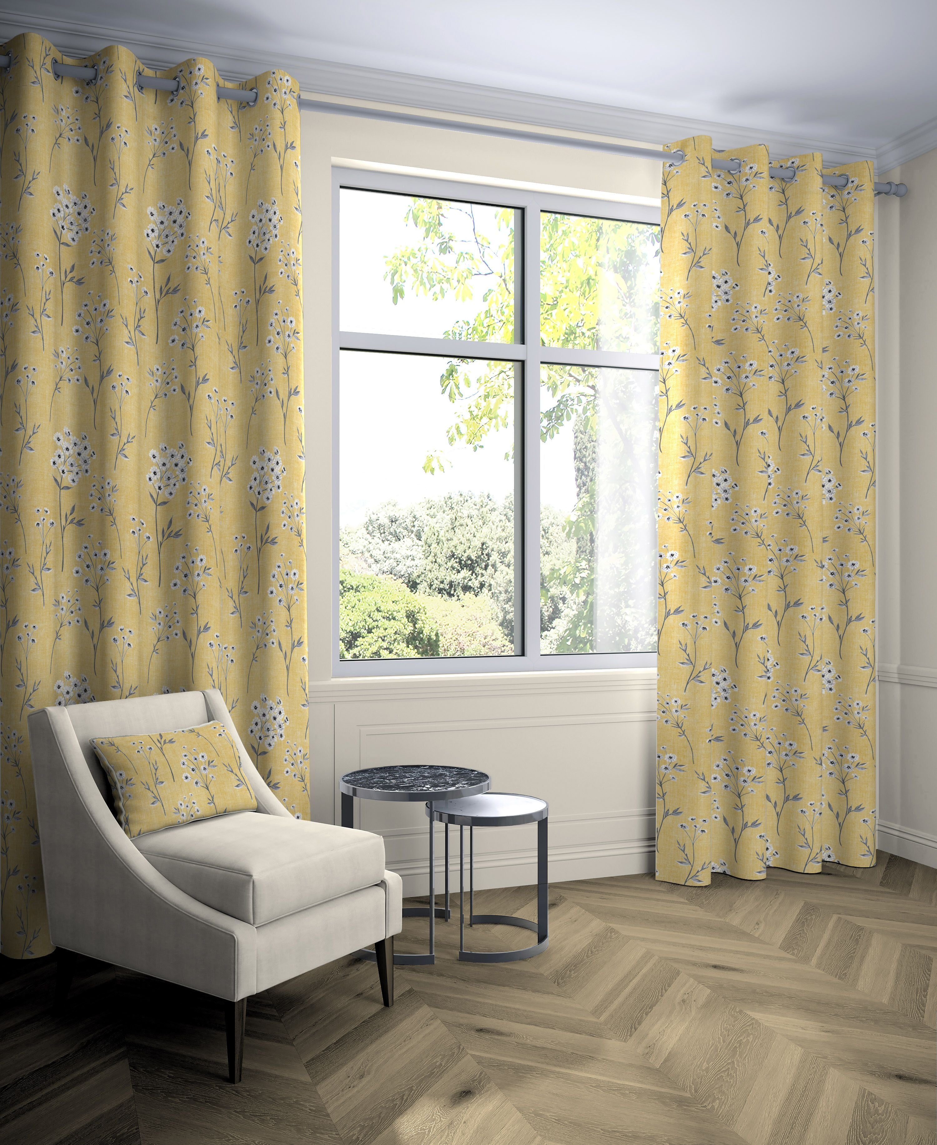 McAlister Textiles Meadow Yellow Floral Cotton Print Curtains Tailored Curtains 116cm(w) x 137cm(d) (46" x 54") 