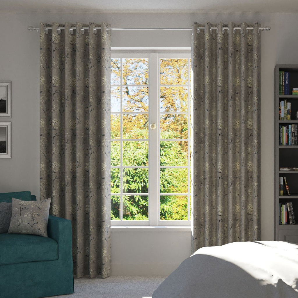McAlister Textiles Meadow Soft Grey Floral FR Curtains Tailored Curtains 