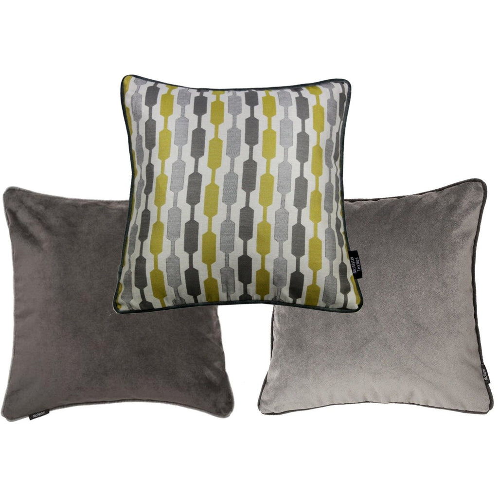 McAlister Textiles Yellow Geometric and Plain Velvet 43cm x 43cm Cushion Set of 3 Cushions and Covers Cushion Cover 